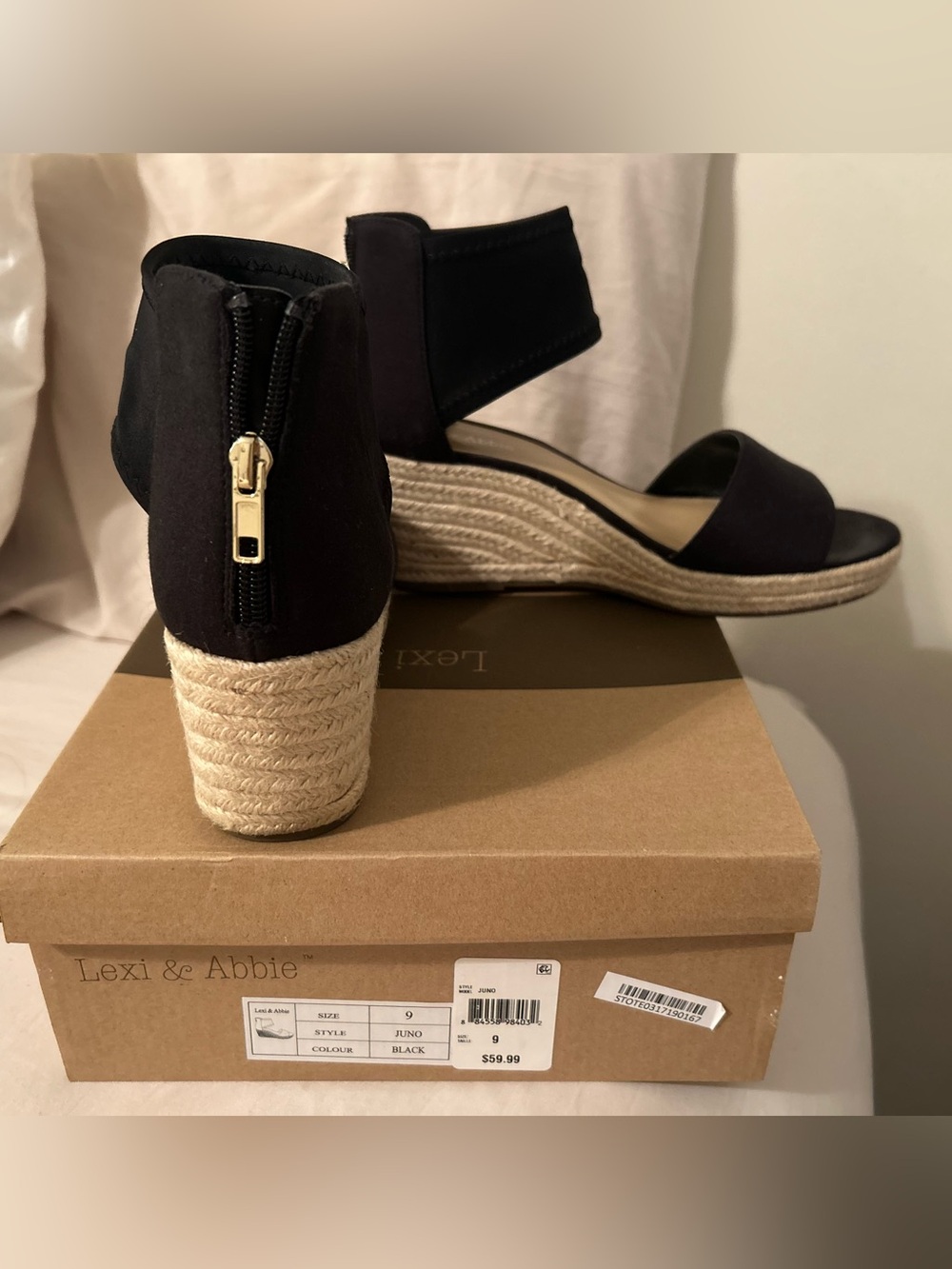 Black Espadrille Wedge Sandals with Back Zipper